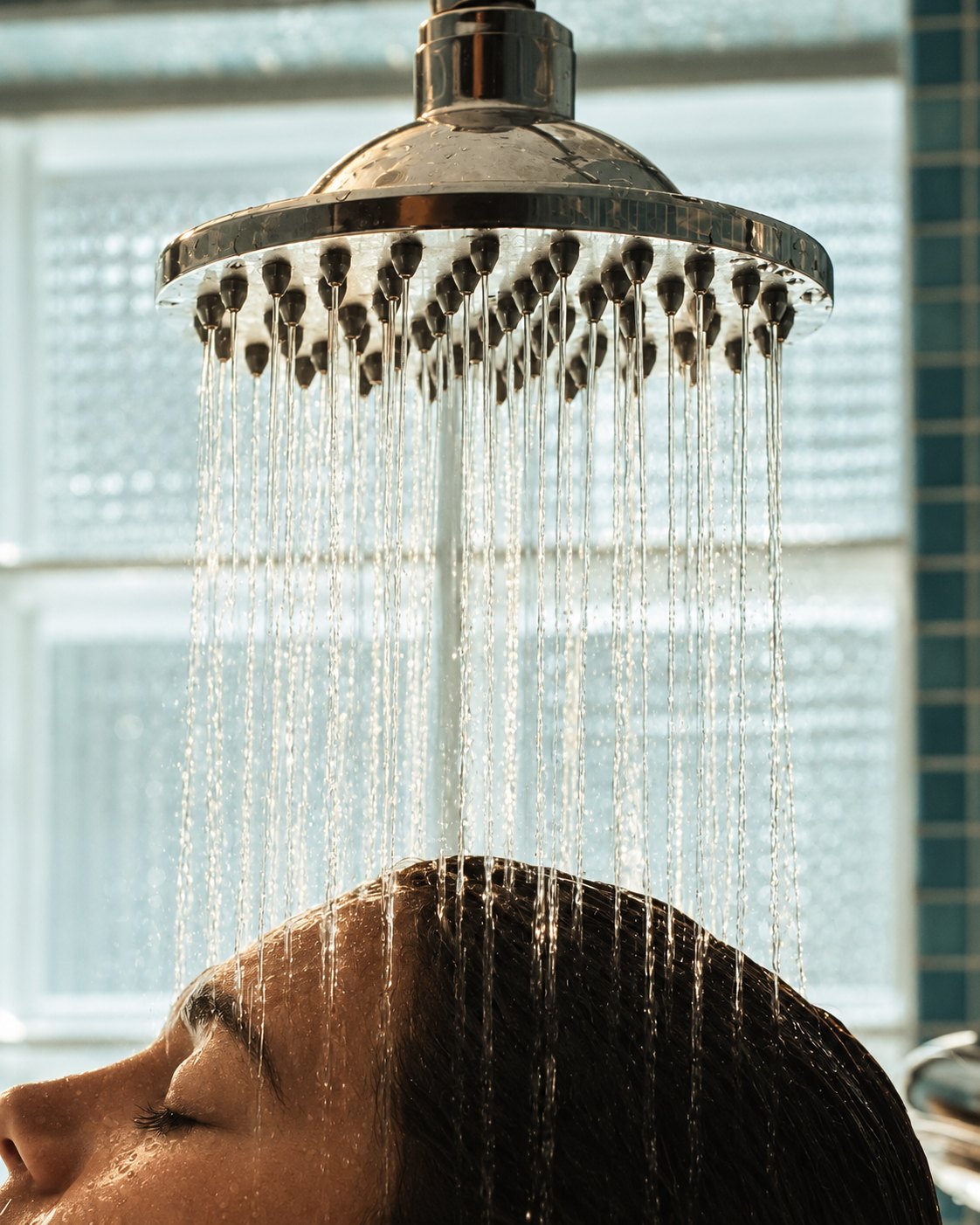 A woman with her eyes closed as water from a rain shower head streams over her hair